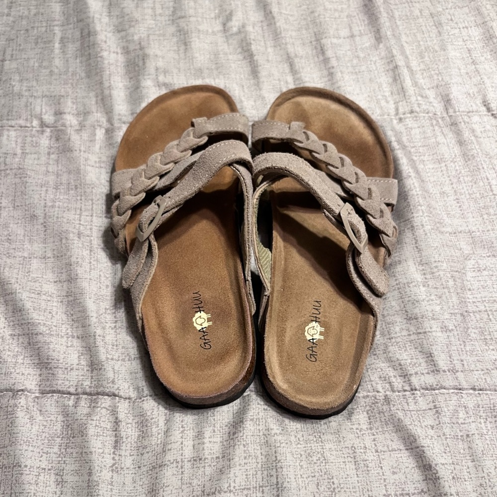GaaHuu size 7 leather sandals, Birkenstock dupes, taupe straps, cork footbed